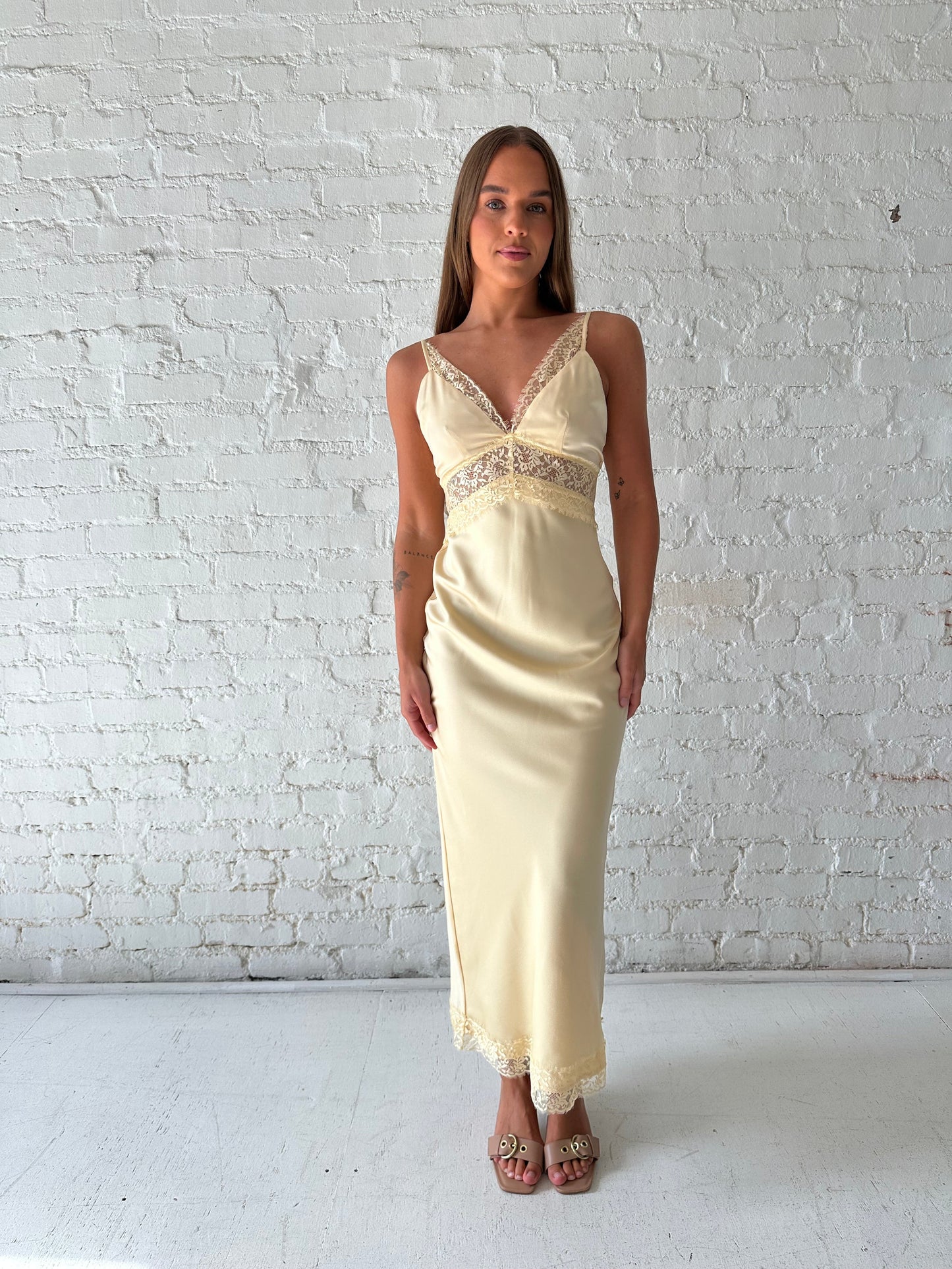 Bryn Butter Yellow Satin Lace Trim Maxi Dress