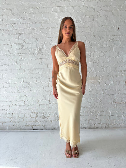 Bryn Butter Yellow Satin Lace Trim Maxi Dress