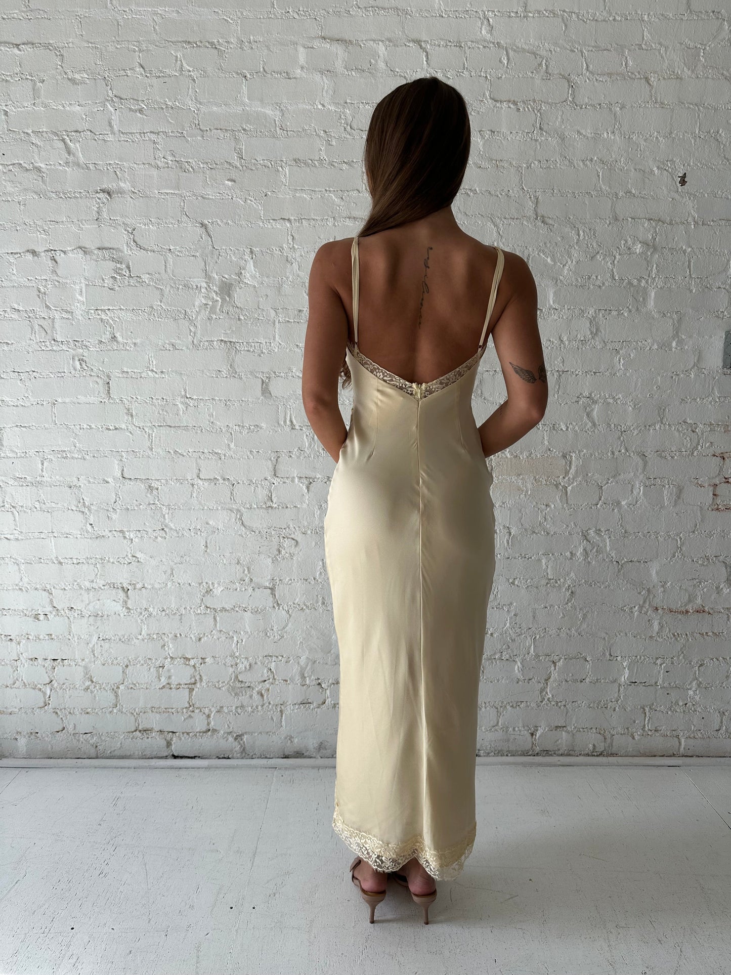 Bryn Butter Yellow Satin Lace Trim Maxi Dress