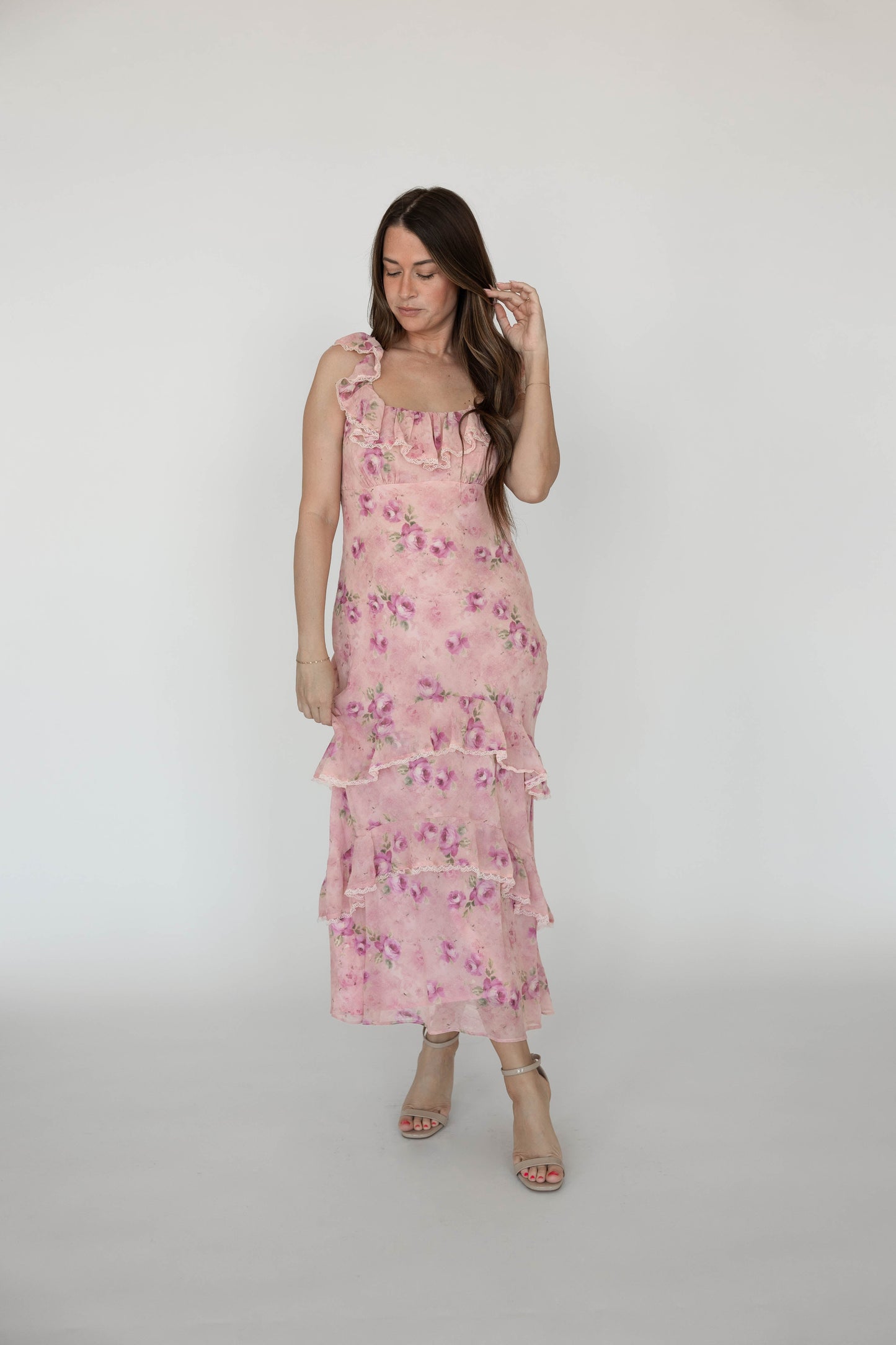 Kaylen Pink Floral Tiered Maxi Dress