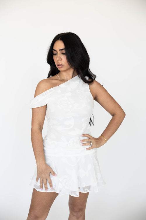 Laina White Jacquard Draped Mini Dress