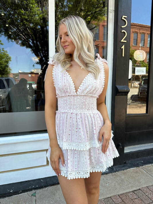 Laken Floral Lace Trim MIni Dress- Pink