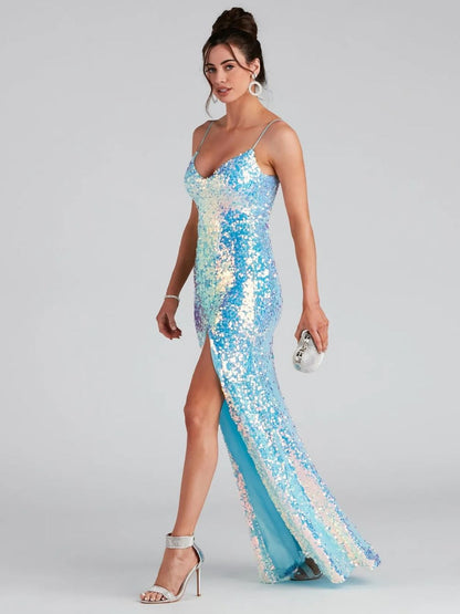 Spaghetti Straps Backless High Slit Slim Fit Sequin Gown