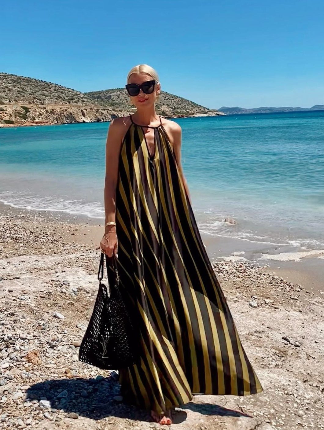 Striped Print V-Neck Lace-Up Long Dress