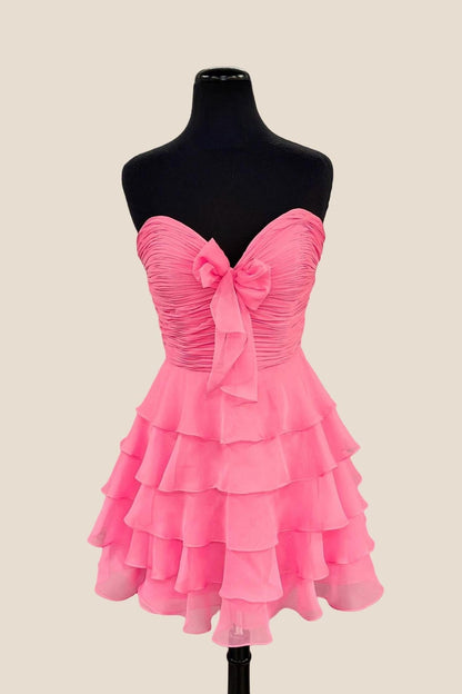 Strapless Hot Pink Chiffon Bow Ruffle Short Dress