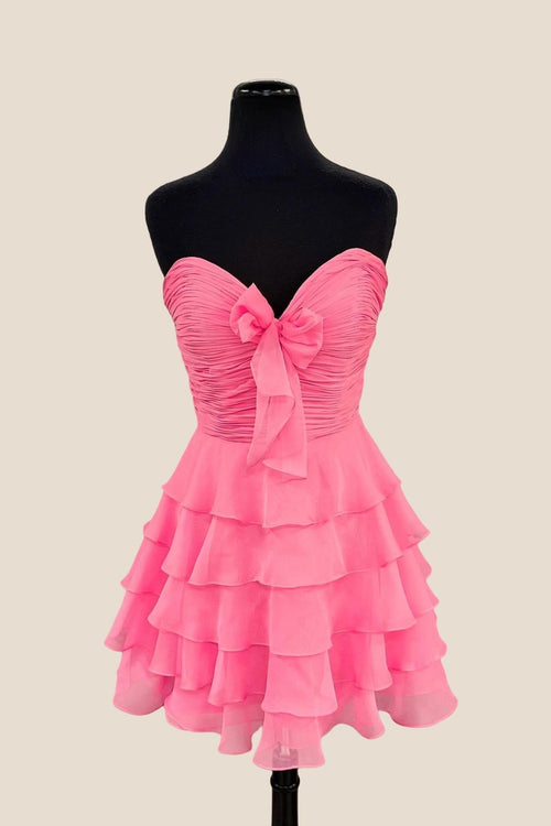 Strapless Hot Pink Chiffon Bow Ruffle Short Dress