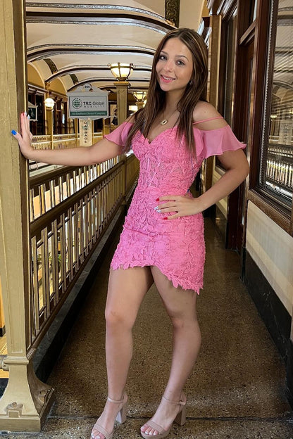 Cold Shoulder Magenta Lace Appliques Short Dress