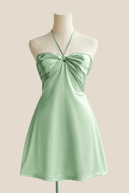 Halter Pink Back Tie A-line Short Dress