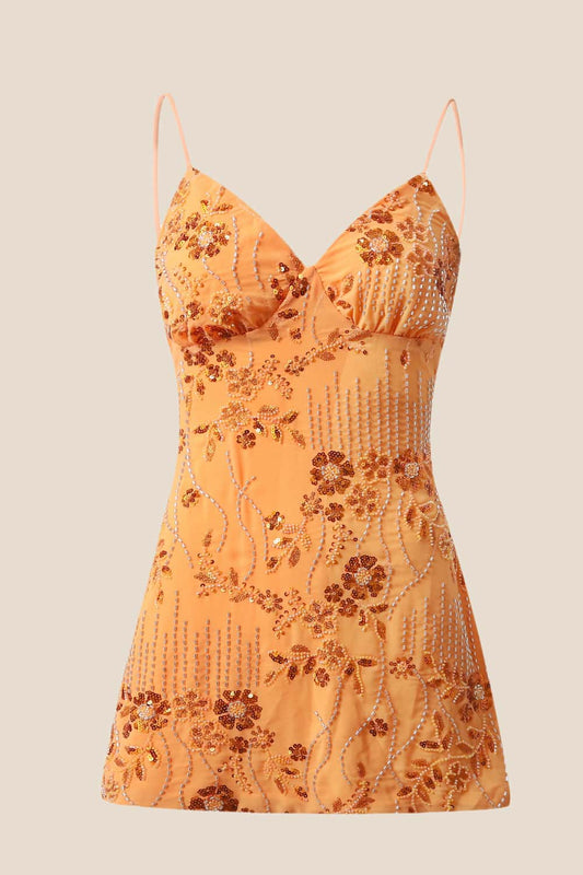 Orange Beaded Straps Fitted Mini Dress