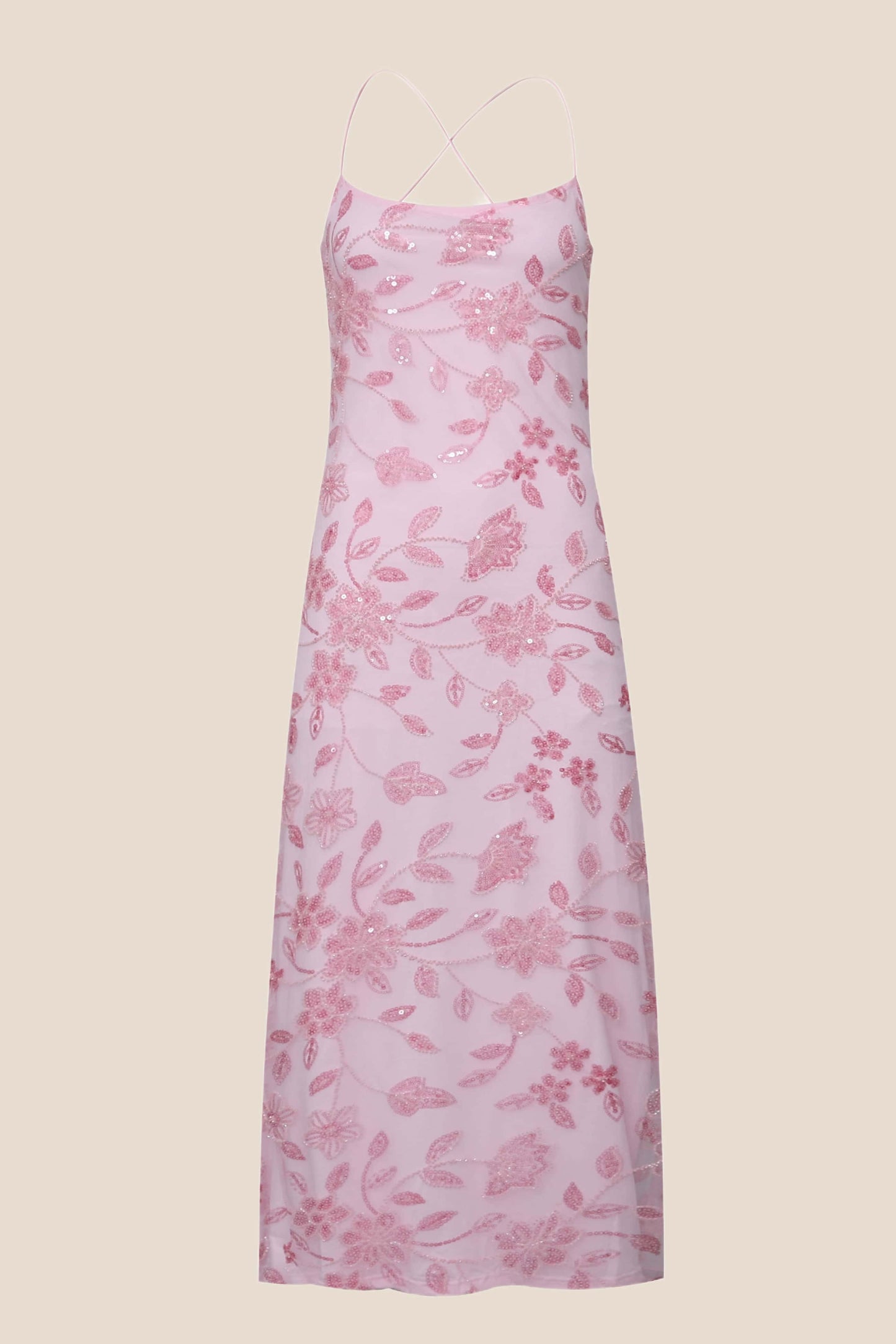 Pink Beaded Flowers Fitted Long Dress