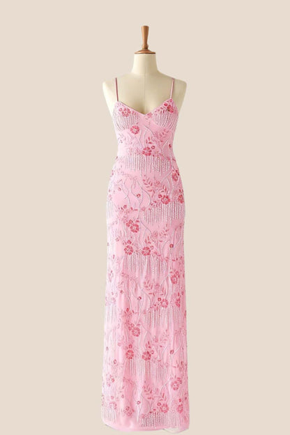 Blue Beaded Straps Fitted Long Dress