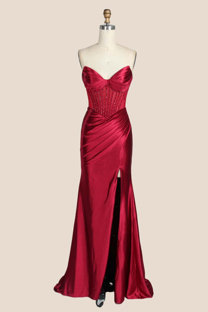 Navy Blue Beaded Ruched Satin Fitted Formal Dress