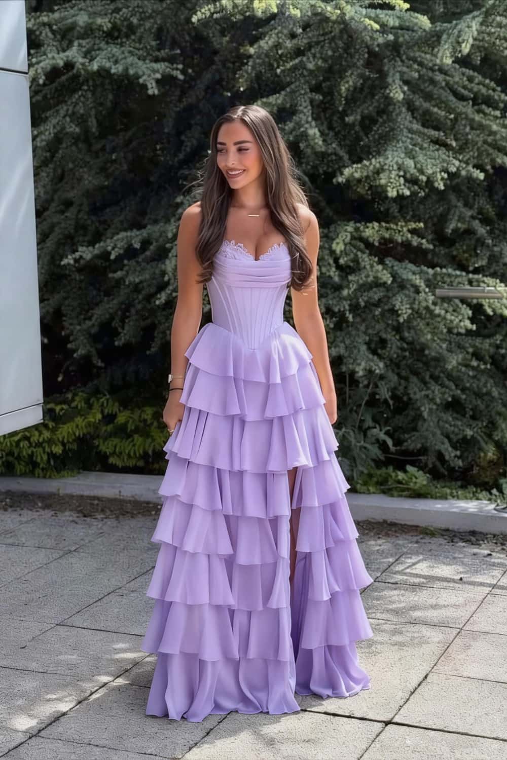 Pink Corset Chiffon Tiered Formal Gown