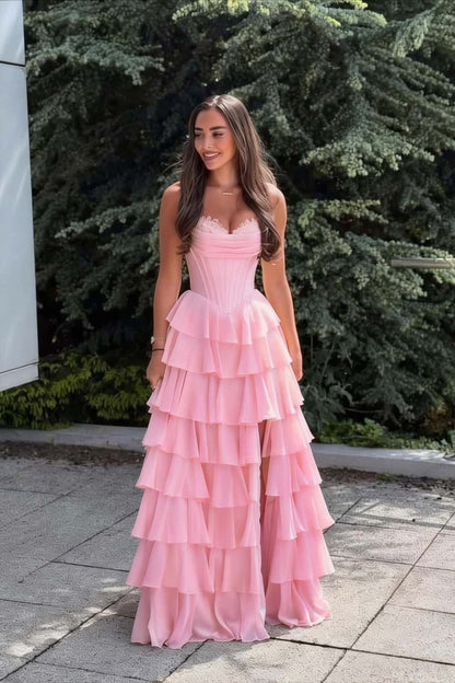 Pink Corset Chiffon Tiered Formal Gown