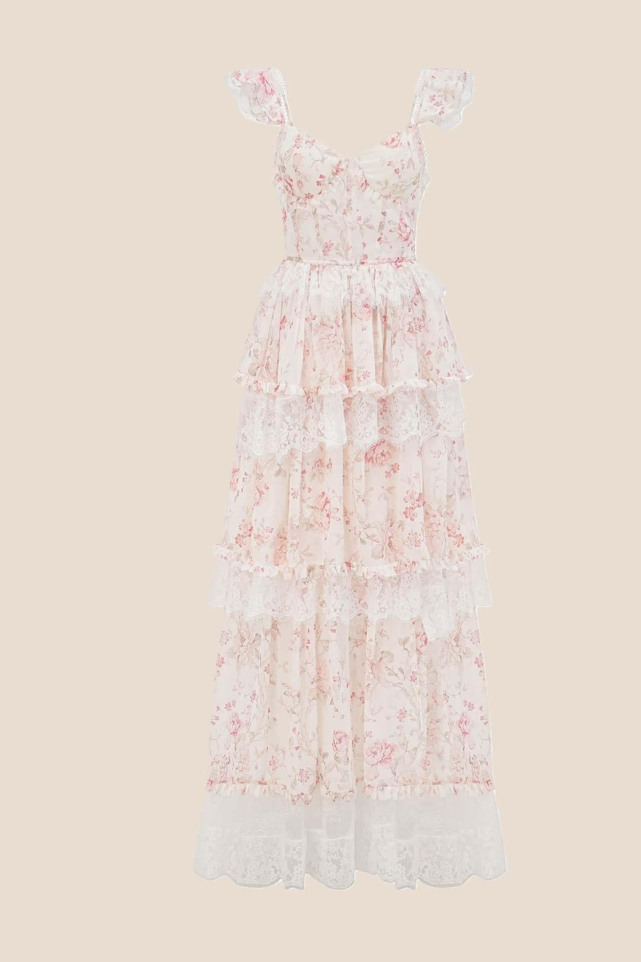 Pink Floral Lace Ruffle Straps Tiered Dress