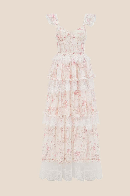 Pink Floral Lace Ruffle Straps Tiered Dress