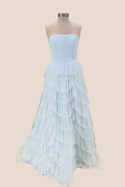 Light Blue Tulle Ruffle A-line Gown