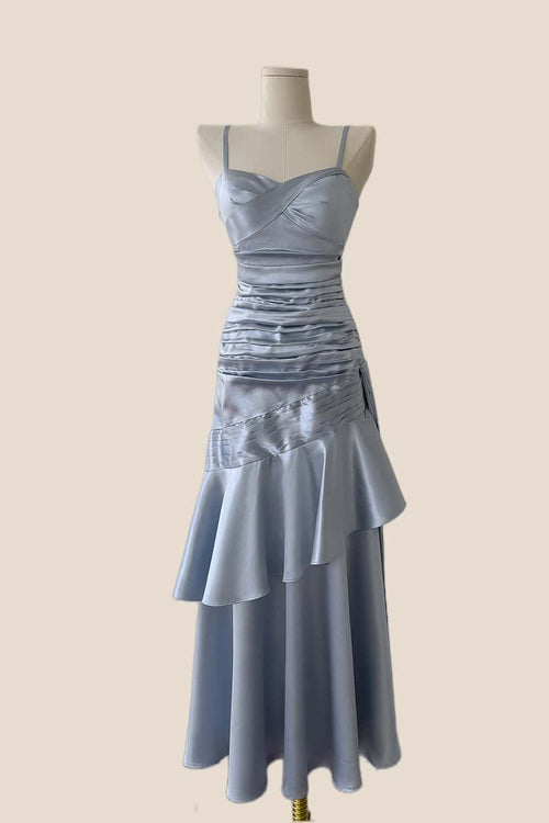 Blue Straps Ruched Mermaid Ruffle Long Dress