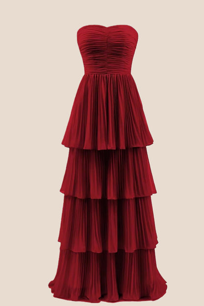 Hot Pink Chiffon Pleated A-line Tiered Maxi Dress