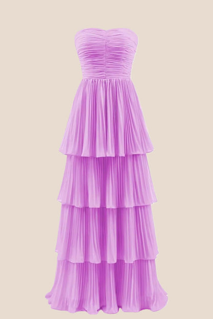 Hot Pink Chiffon Pleated A-line Tiered Maxi Dress