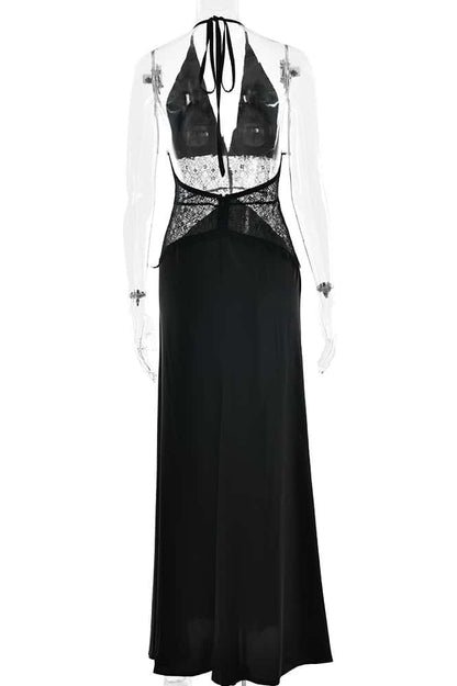 Blue Halter Sheer Plunge Long Maxi Dress