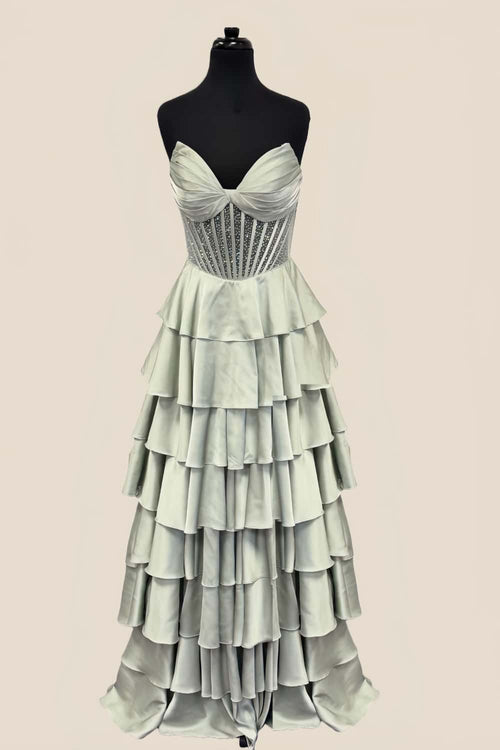 Light Sage Beaded Corset Ruffle A-line Prom Dress