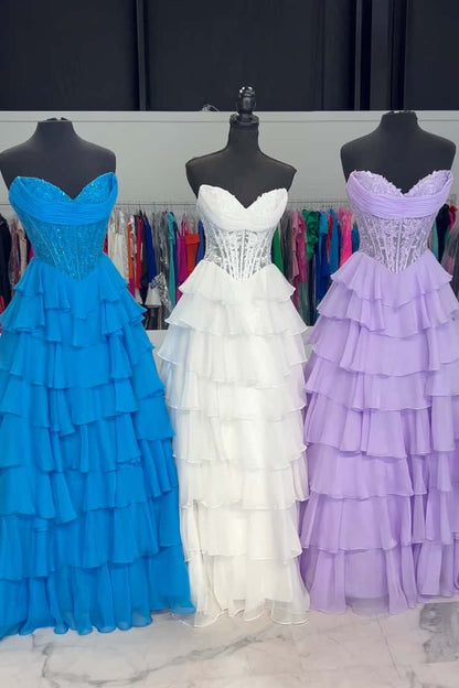 Hot Pink Lace Corset Chiffon Ruffle Long Dress