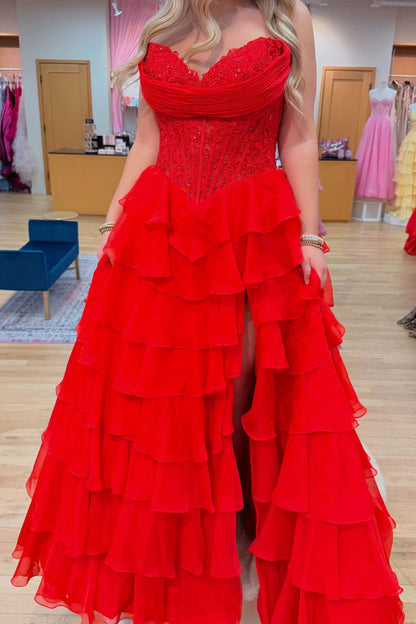 Hot Pink Lace Corset Chiffon Ruffle Long Dress