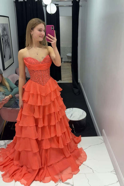Hot Pink Lace Corset Chiffon Ruffle Long Dress