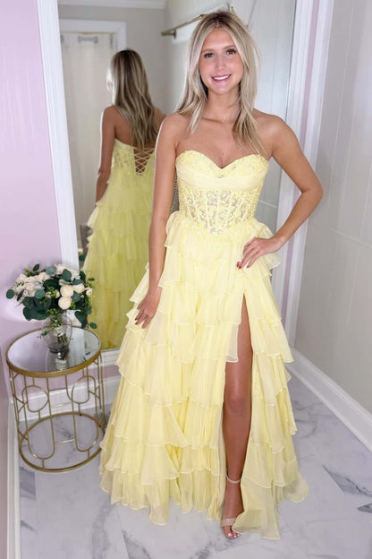 Hot Pink Lace Corset Chiffon Ruffle Long Dress