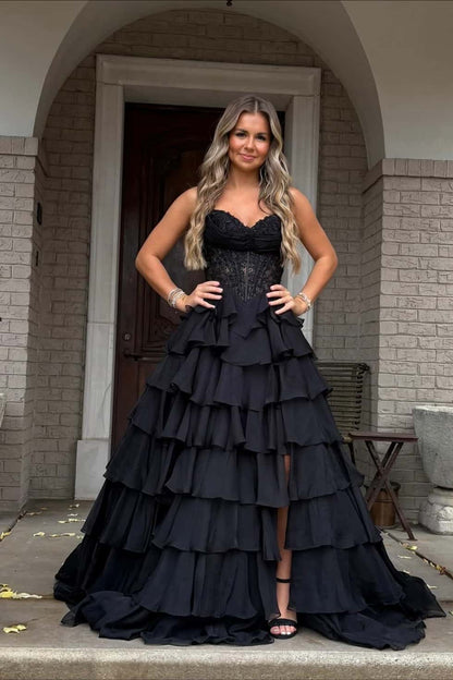 Hot Pink Lace Corset Chiffon Ruffle Long Dress