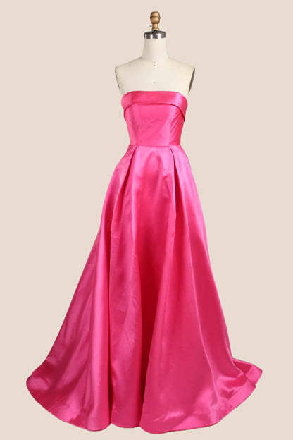 Hot Pink Folded Neck Satin A-line Gown