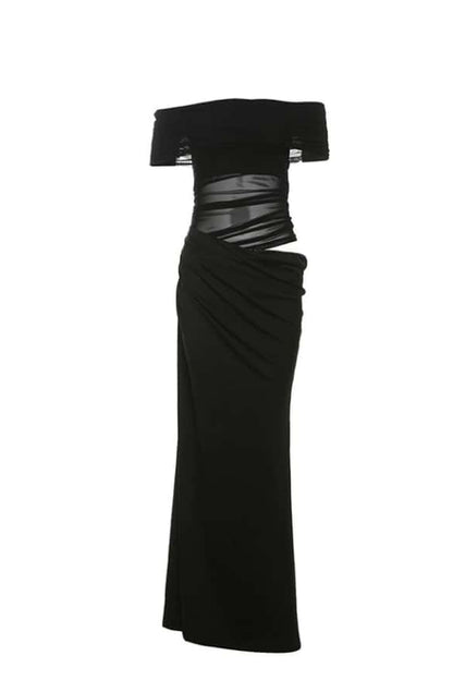 Off the Shoulder Yellow Ruched Cutouts Fitted Long Dress