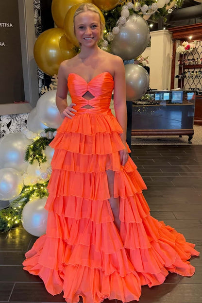 Keyholes Hot Pink A-line Ruffle Prom Dress