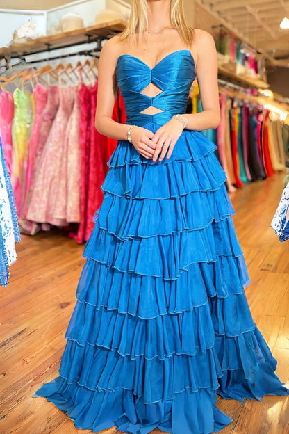 Keyholes Hot Pink A-line Ruffle Prom Dress