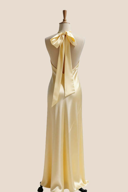 High Neck Pink Satin Fitted Long Bridesmaid Dress
