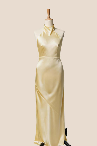 High Neck Pink Satin Fitted Long Bridesmaid Dress