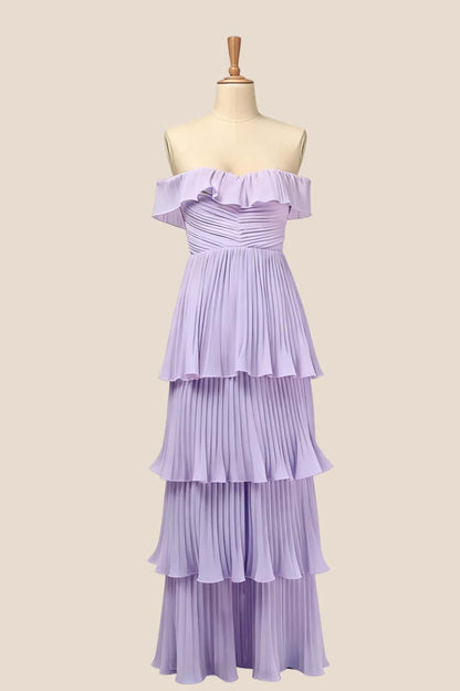 Off the Shoulder Pink Pleated Maxi Dress
