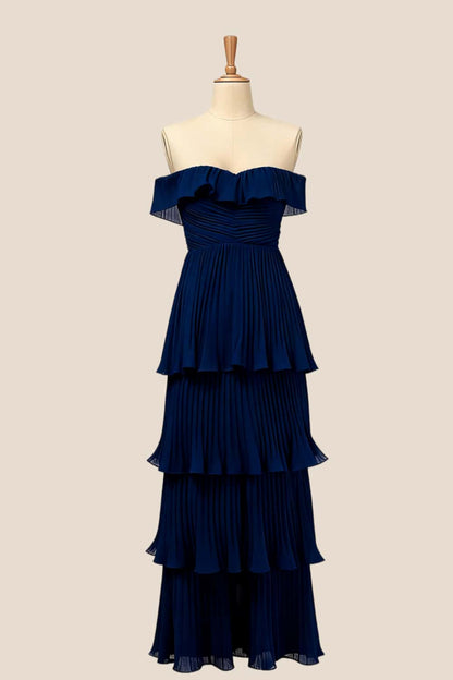 Off the Shoulder Pink Pleated Maxi Dress