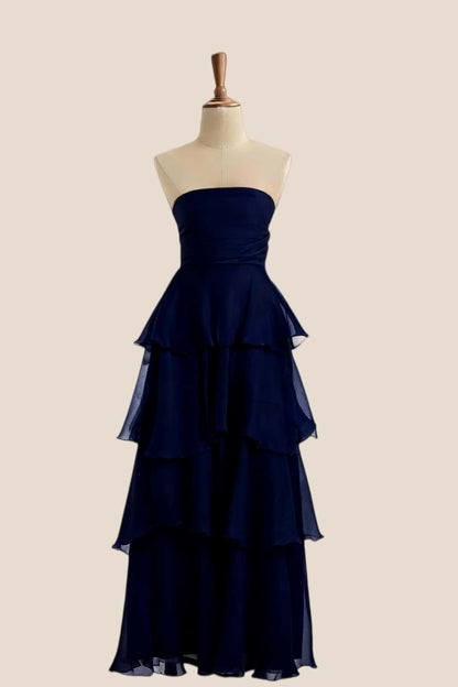 Blue Strapless A-line Ruffle Maxi Dress