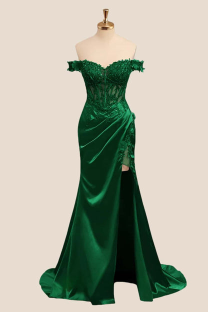 Lace Off the Shoulder Black Satin Mermaid Dress