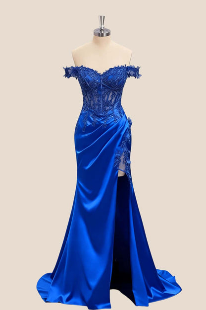 Lace Off the Shoulder Green Satin Mermaid Dress