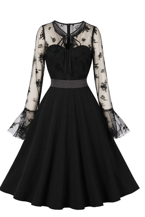 Mesh Long Sleeves Black Swing Dress