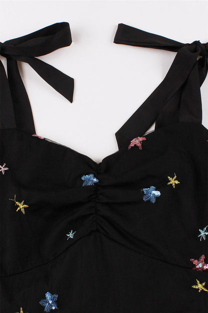 Black Mesh Short Dress with Sequin Stars