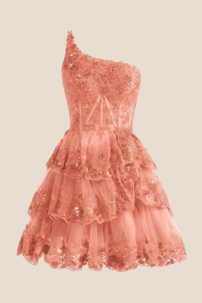 One Shoulder Hot Pink Sequin Tiered Short Dress