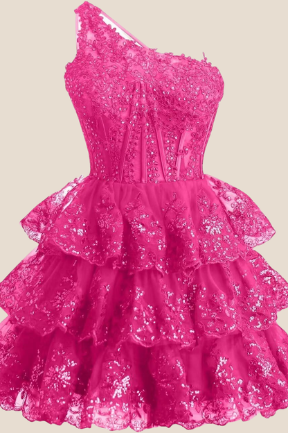 One Shoulder Hot Pink Sequin Tiered Short Dress