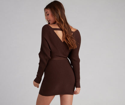Ribbed Knit Tie-Front Mini Sweater Dress