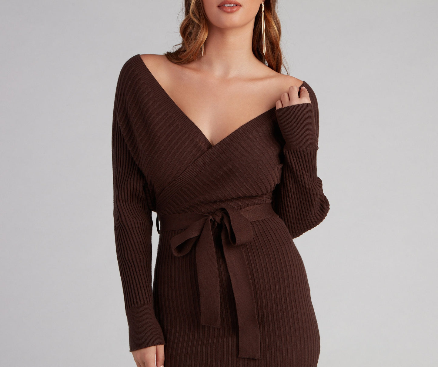 Ribbed Knit Tie-Front Mini Sweater Dress