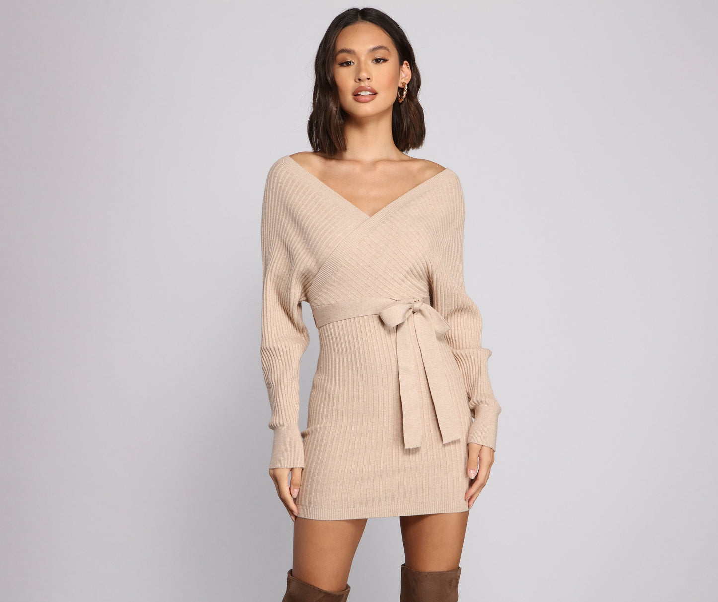 Ribbed Knit Tie-Front Mini Sweater Dress