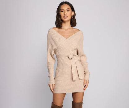 Ribbed Knit Tie-Front Mini Sweater Dress
